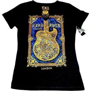 Hard Rock London gray metallic gold blue guitar T-shirt NWT